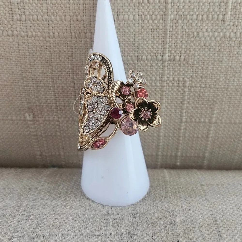 Fashion Ring Butterfly Shape Fancy Jewelry Ring Pink/Red Crystals Sz New Defect - Picture 12 of 12